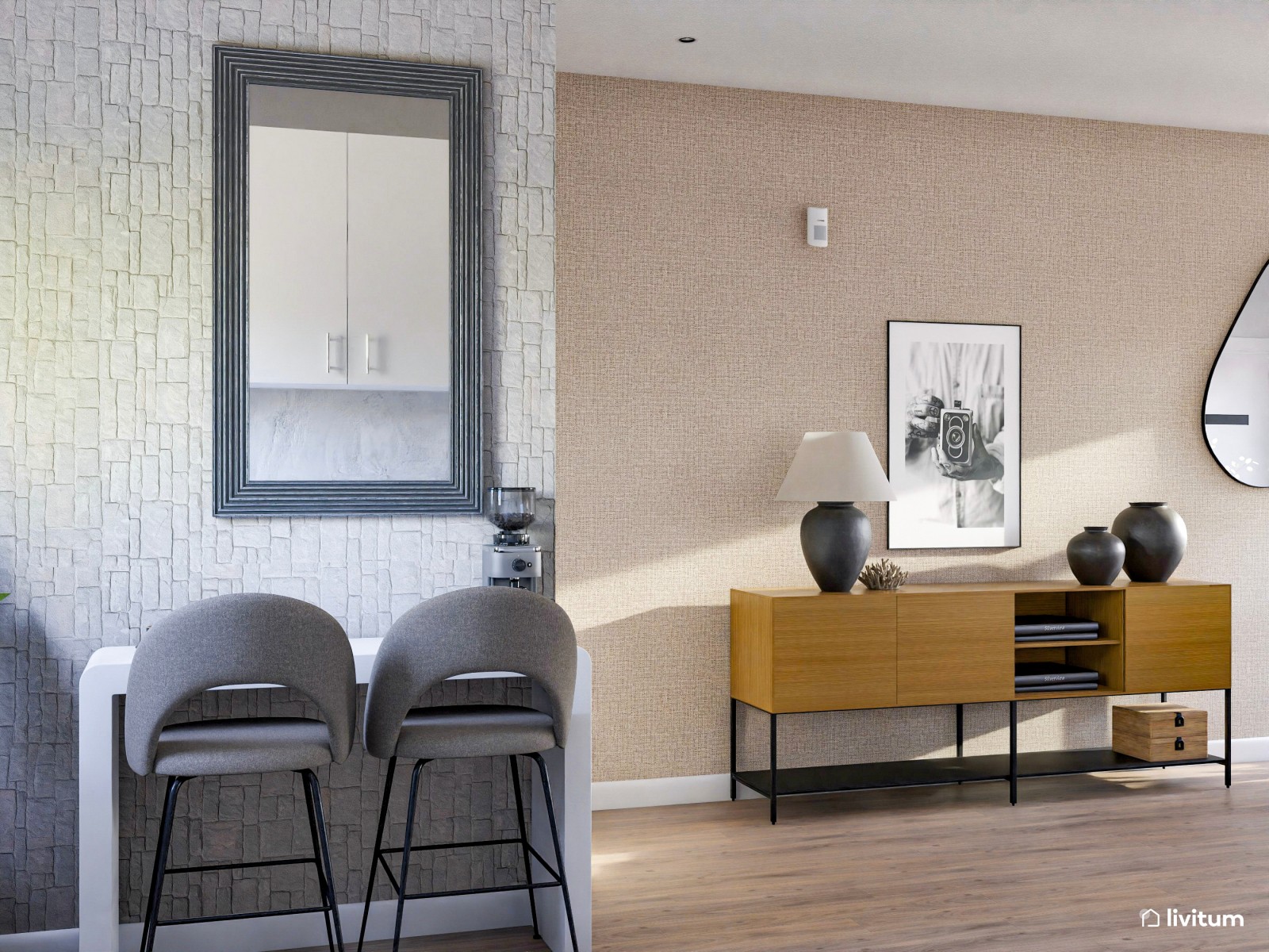 Salón moderno con acabados curvos, detalles oscuros y madera clara 