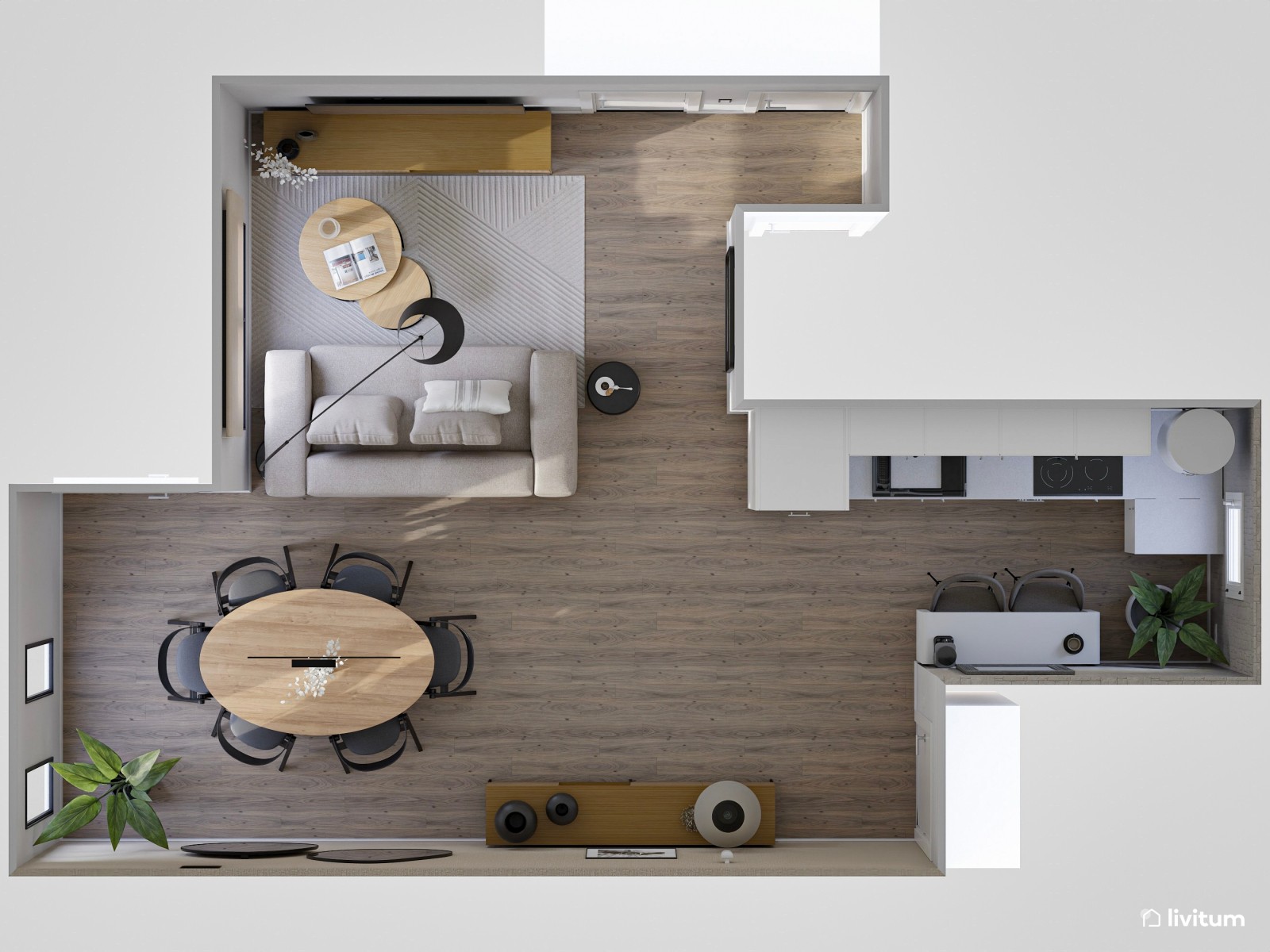 Salón moderno con acabados curvos, detalles oscuros y madera clara 