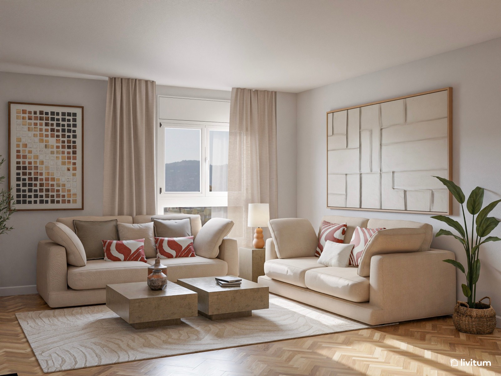 Salón moderno con acentos rojos y detalles mid-century 