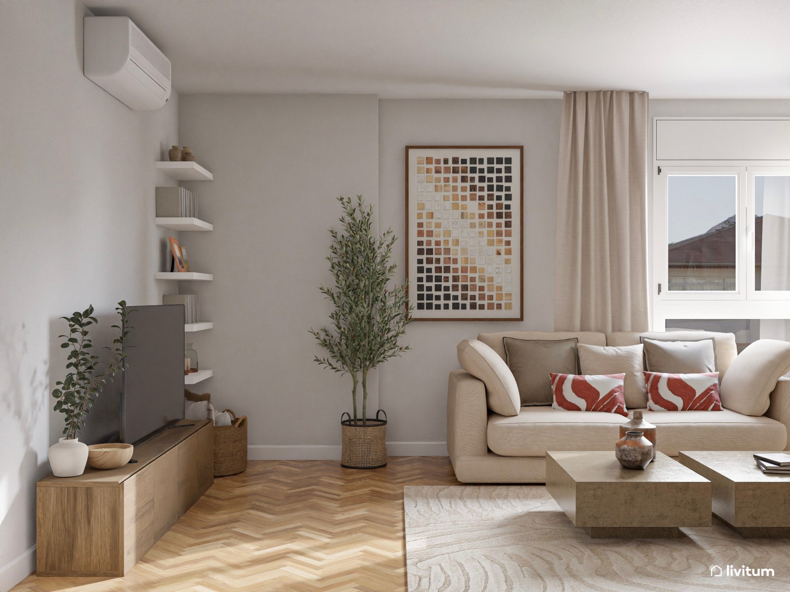 Salón moderno con acentos rojos y detalles mid-century 