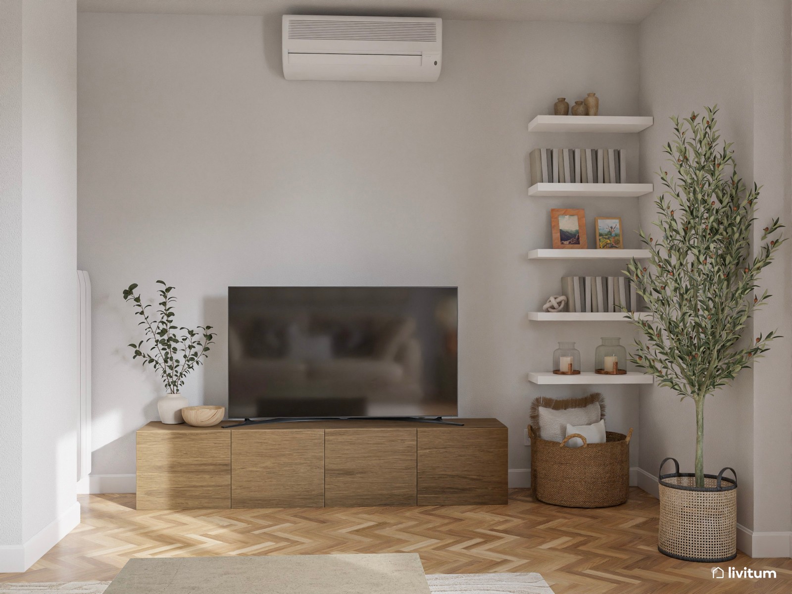 Salón moderno con acentos rojos y detalles mid-century 