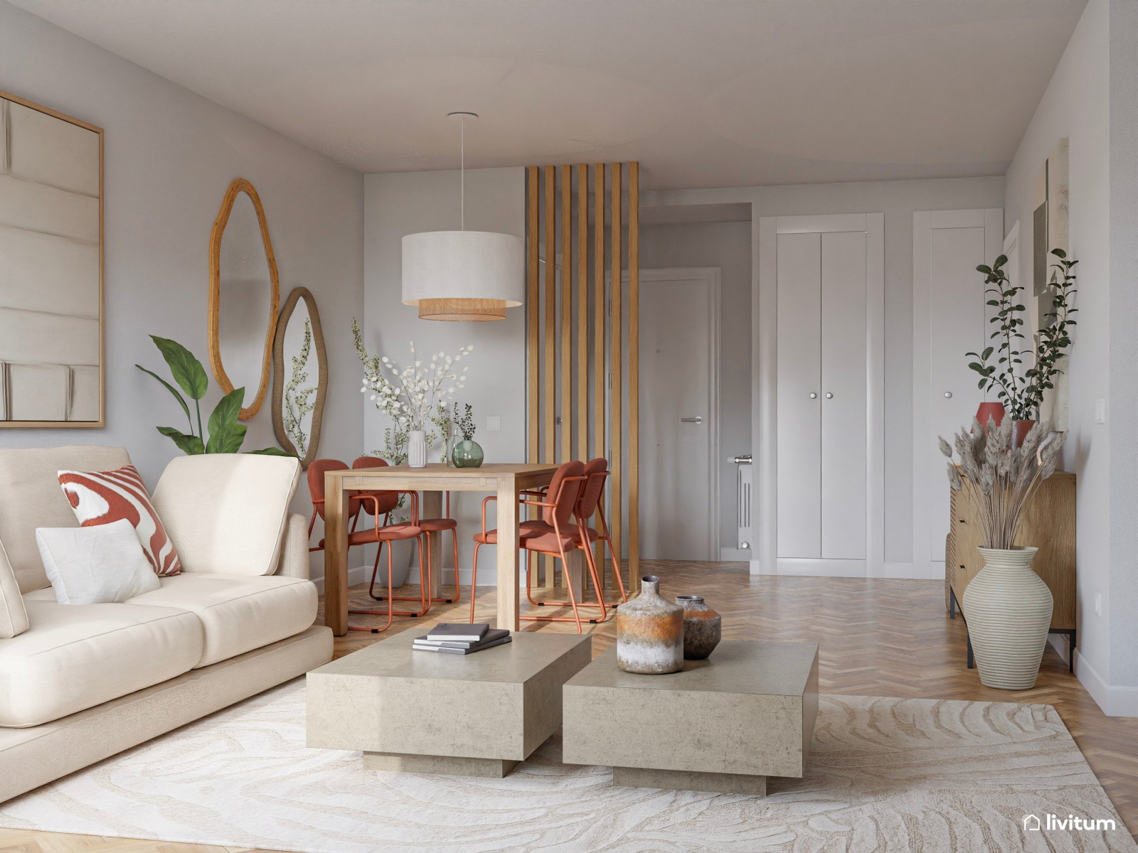 Salón moderno con acentos rojos y detalles mid-century 