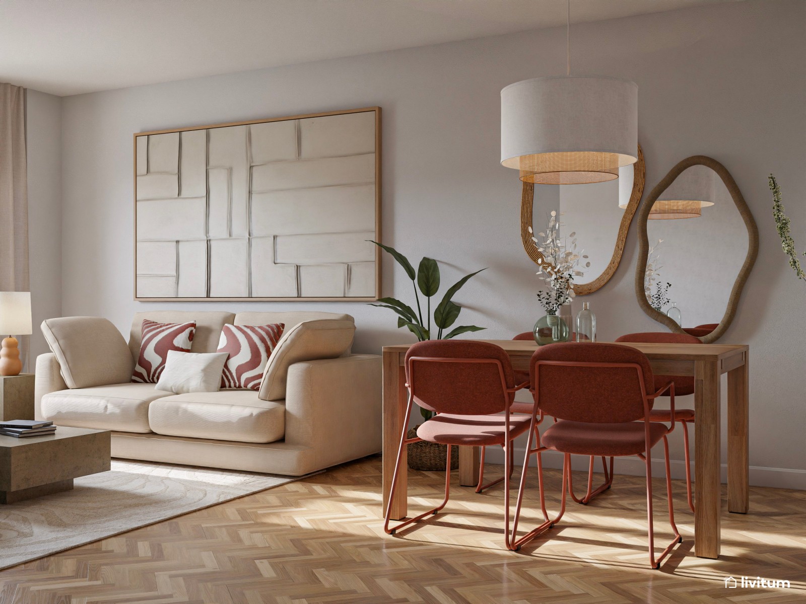 Salón moderno con acentos rojos y detalles mid-century 