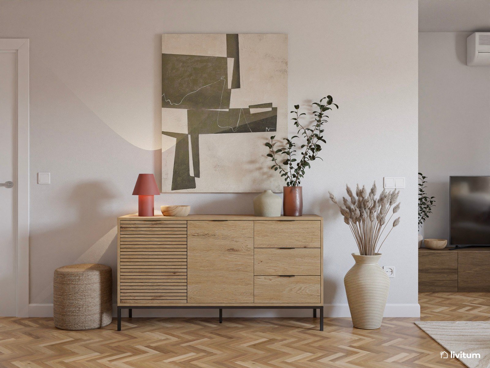 Salón moderno con acentos rojos y detalles mid-century 