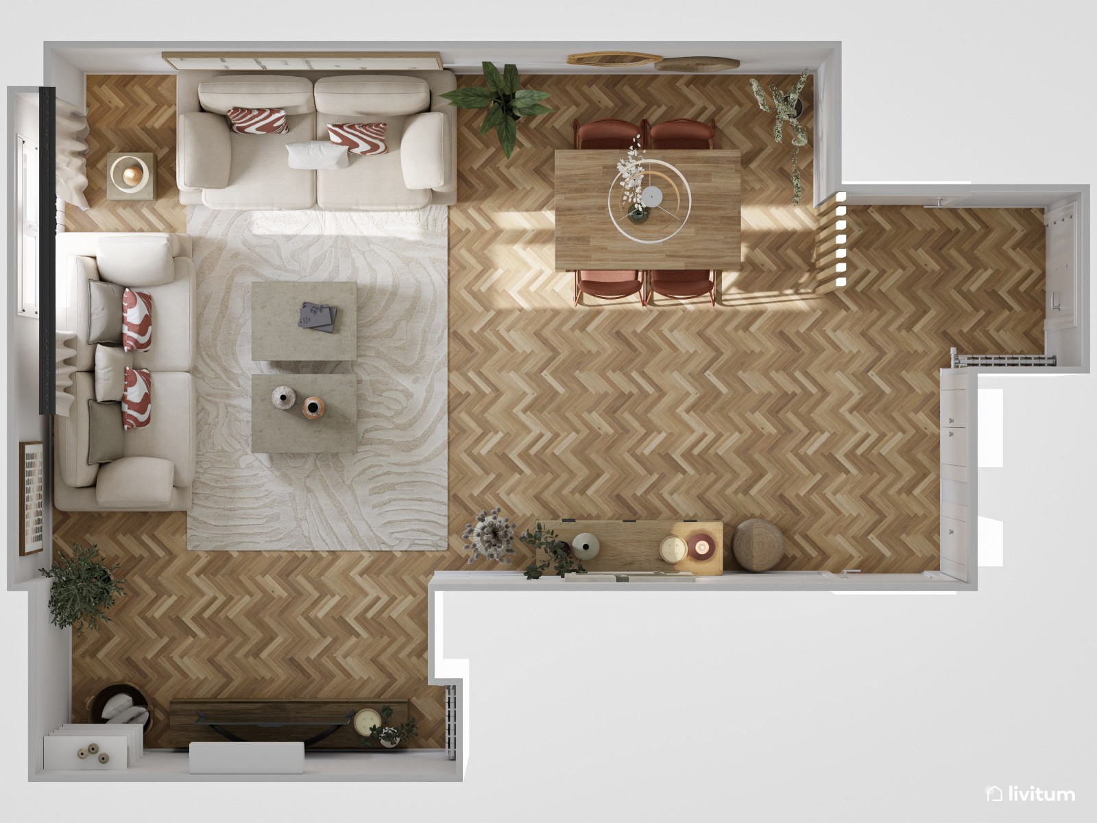 Salón moderno con acentos rojos y detalles mid-century 