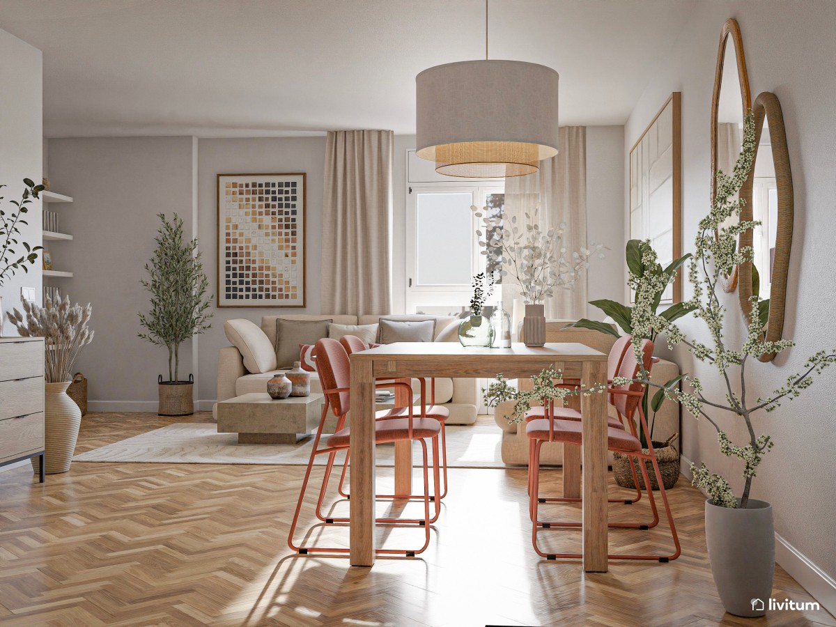 Salón moderno con acentos rojos y detalles mid-century