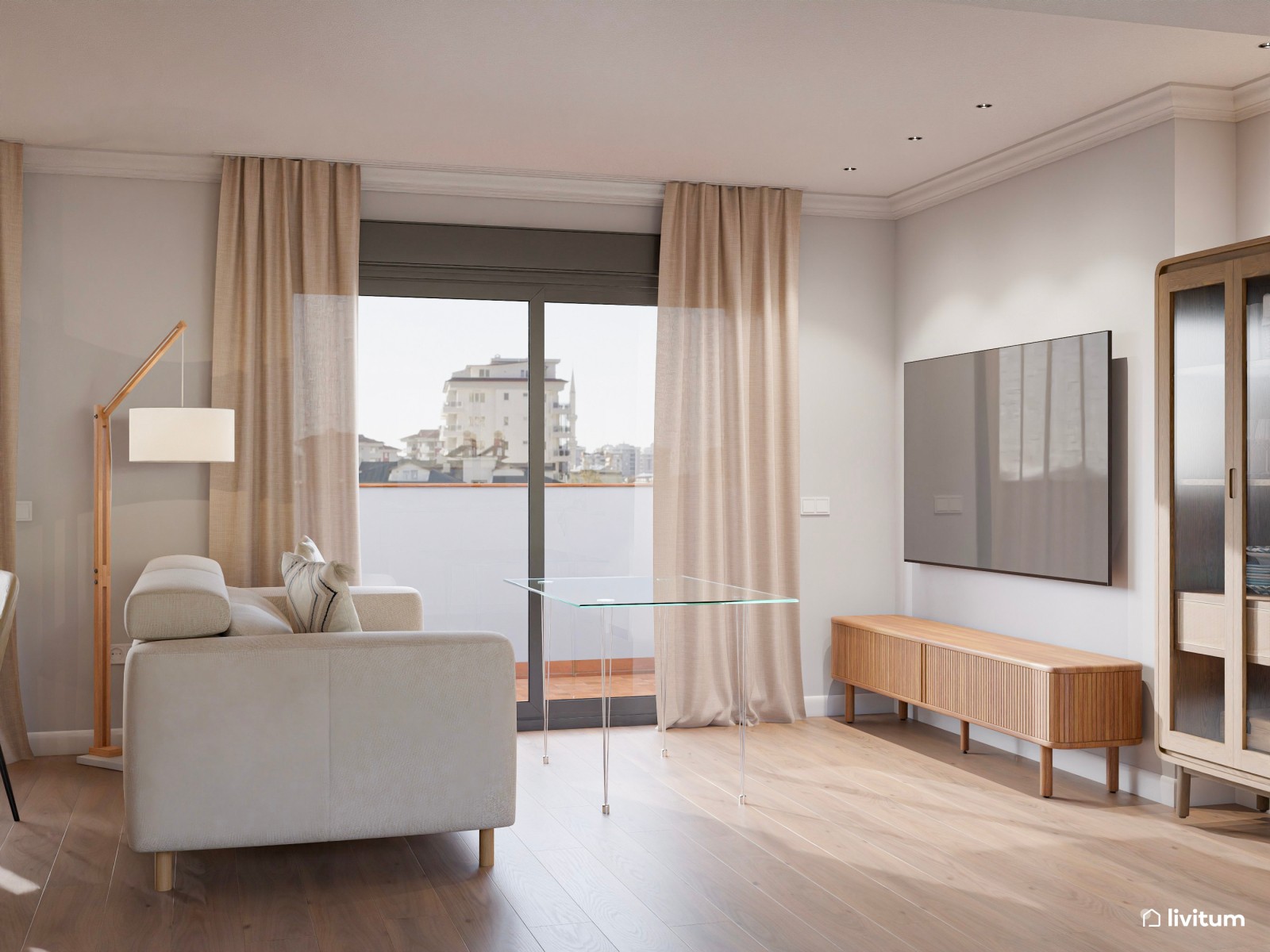 Salón moderno con cocina abierta, detalles clásicos y madera oscura