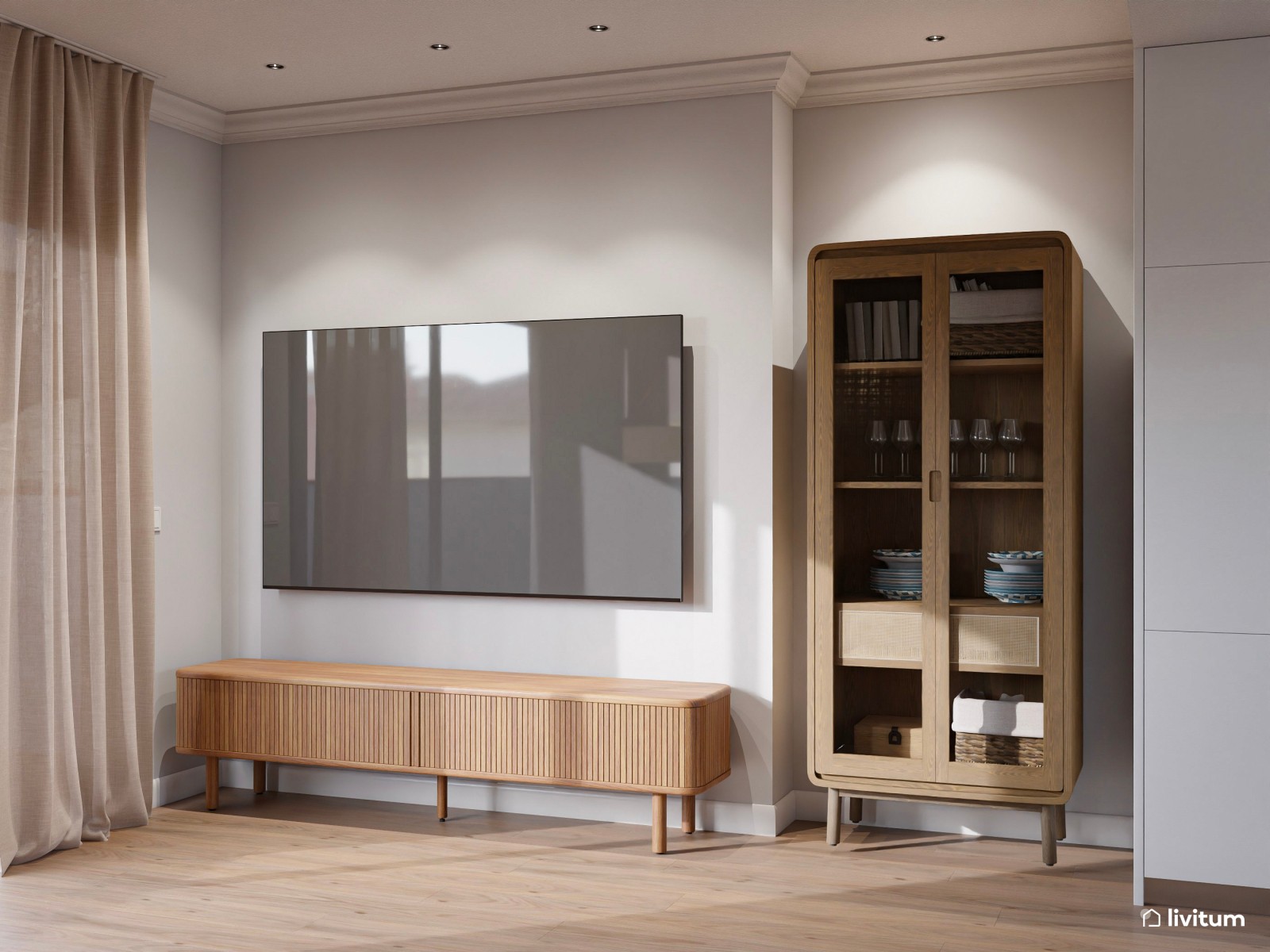 Salón moderno con cocina abierta, detalles clásicos y madera oscura