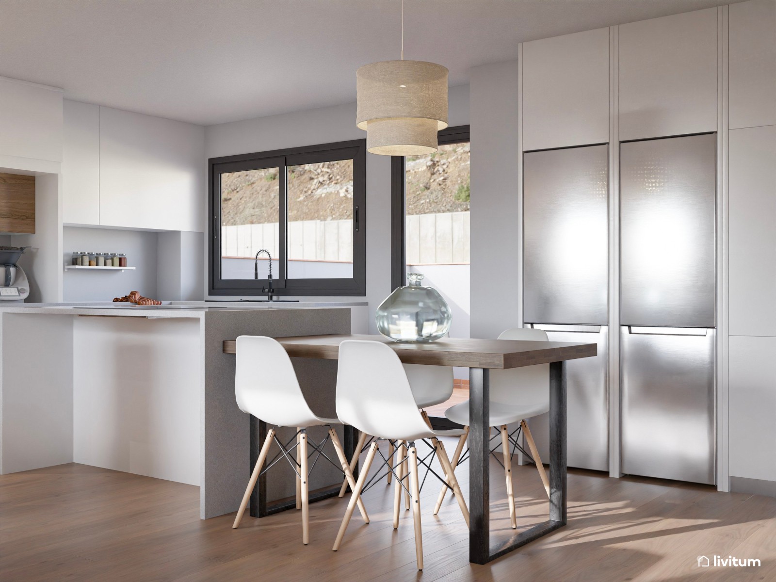 Salón moderno con cocina abierta, detalles clásicos y madera oscura