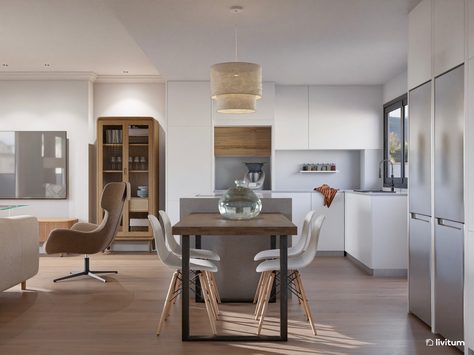 Salón moderno con cocina abierta, detalles clásicos y madera oscura