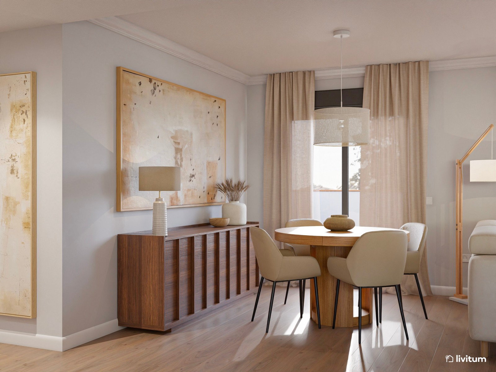 Salón moderno con cocina abierta, detalles clásicos y madera oscura