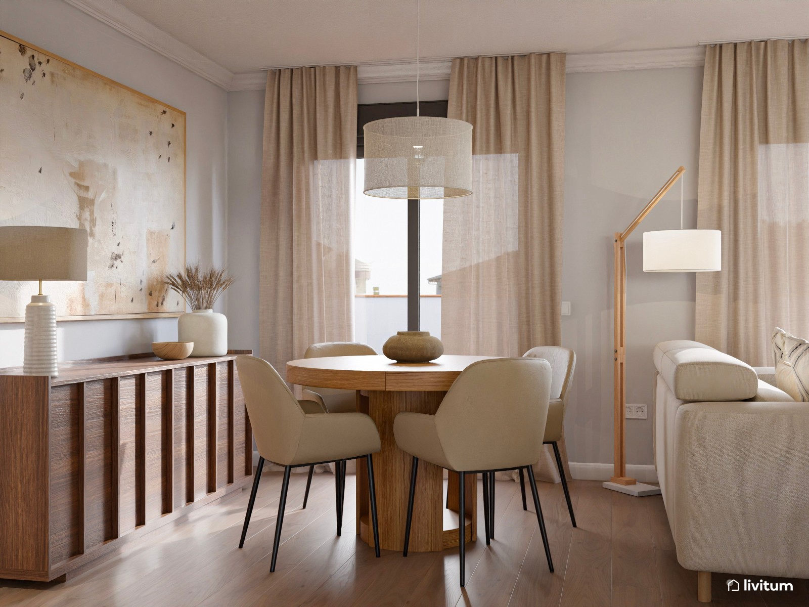 Salón moderno con cocina abierta, detalles clásicos y madera oscura