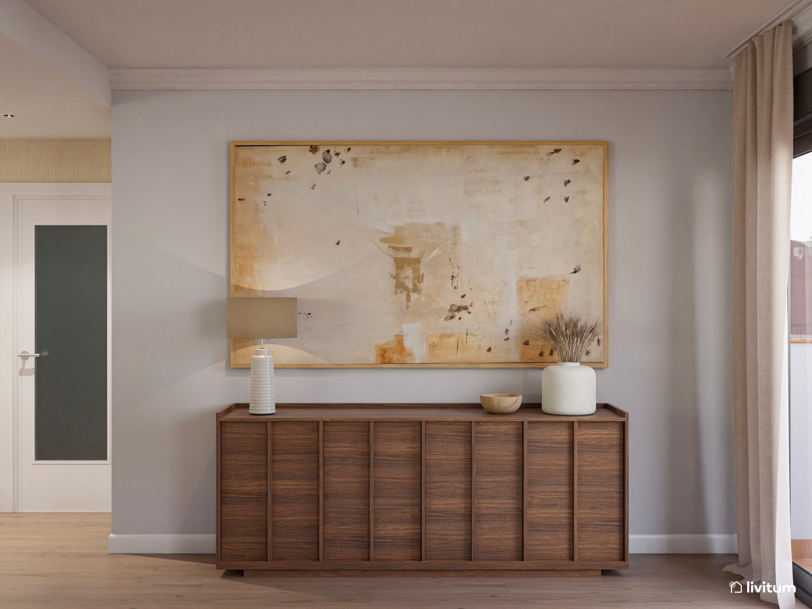Salón moderno con cocina abierta, detalles clásicos y madera oscura