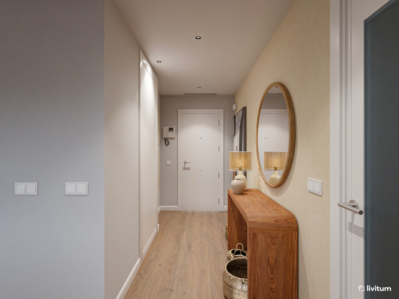 Salón moderno con cocina abierta, detalles clásicos y madera oscura