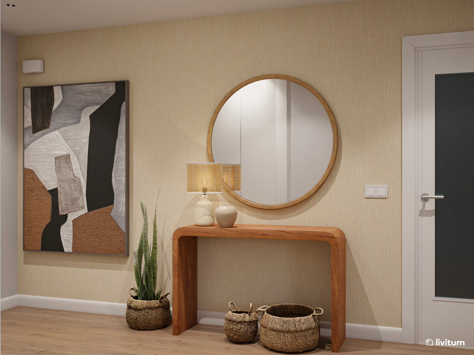 Salón moderno con cocina abierta, detalles clásicos y madera oscura