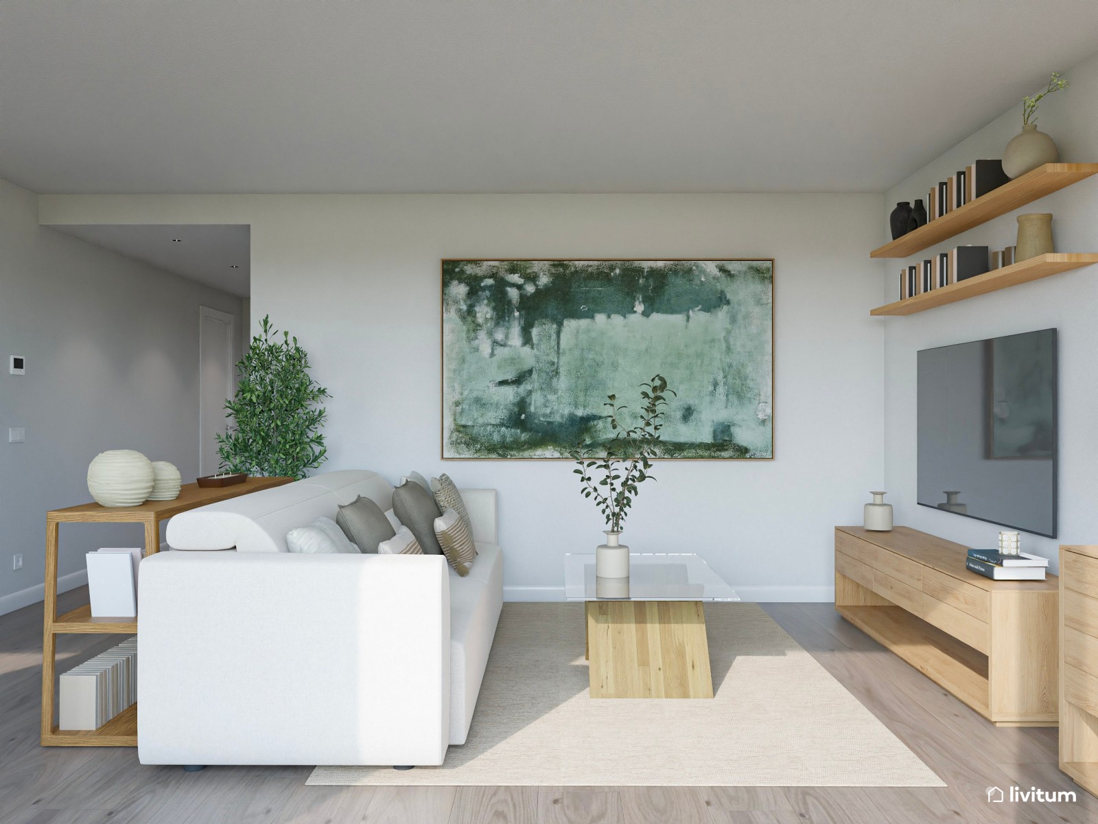 Salón moderno con cocina abierta, en tonos claros y gran cuadro abstracto en color verde