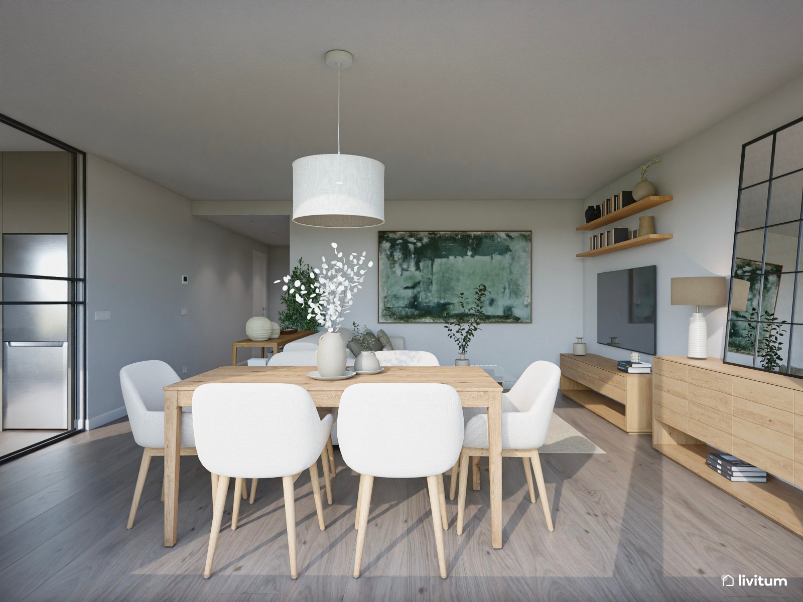 Salón moderno con cocina abierta, en tonos claros y gran cuadro abstracto en color verde
