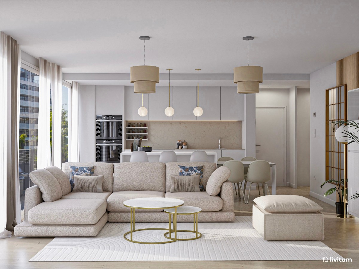 Salón moderno con cocina abierta en tonos neutros y claros