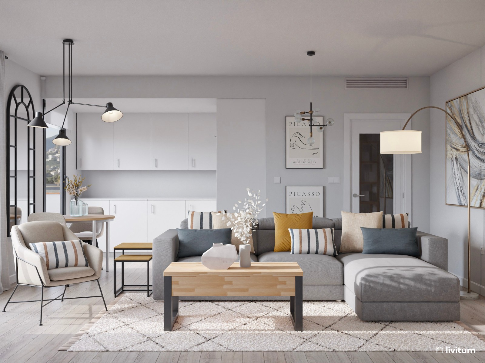 Salón moderno con cocina abierta y comedor pequeño