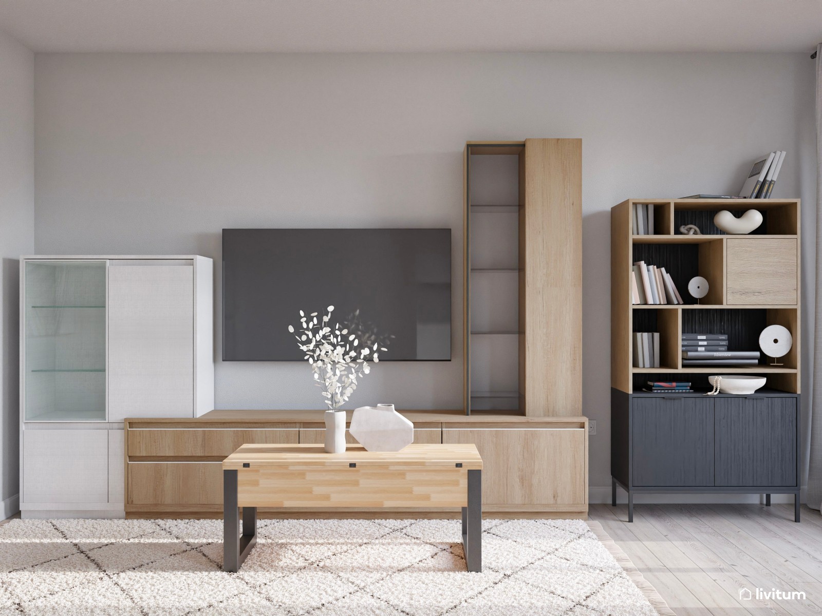 Salón moderno con cocina abierta y comedor pequeño