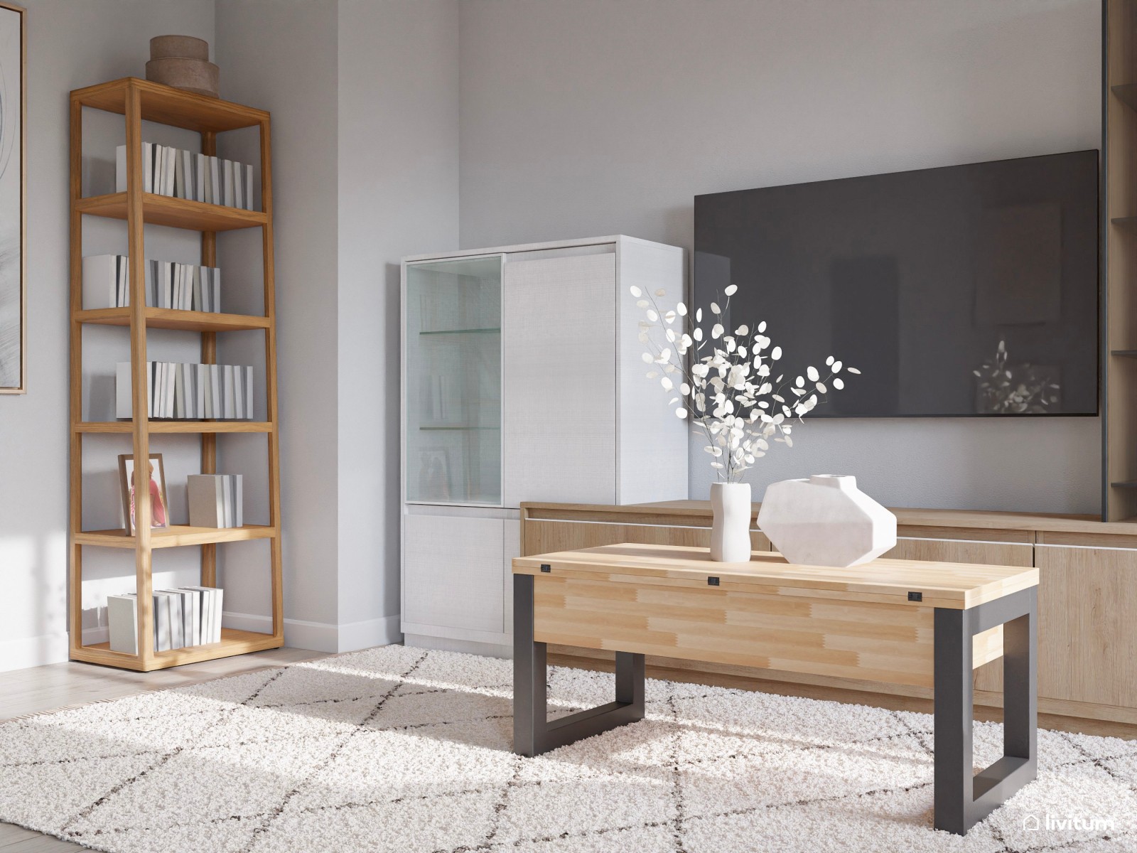 Salón moderno con cocina abierta y comedor pequeño