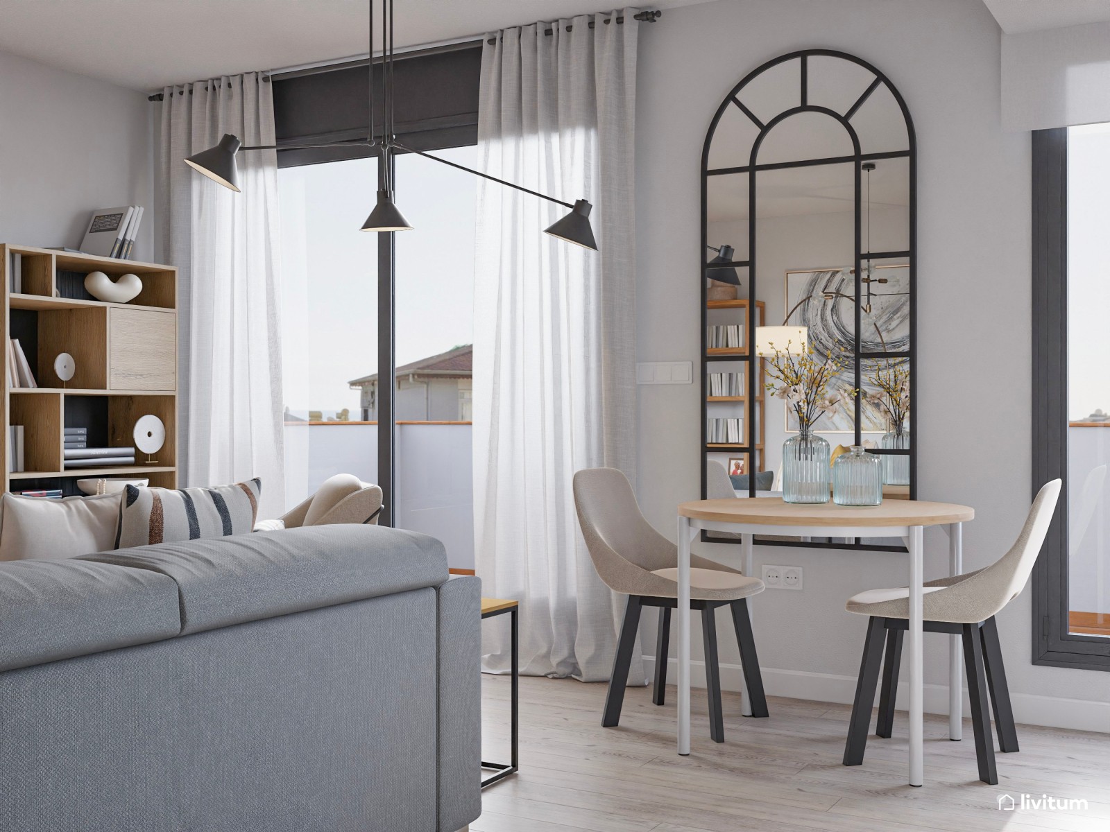 Salón moderno con cocina abierta y comedor pequeño