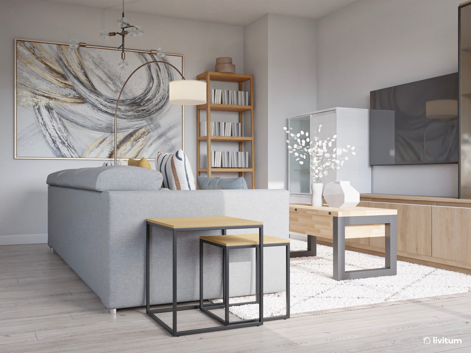 Salón moderno con cocina abierta y comedor pequeño