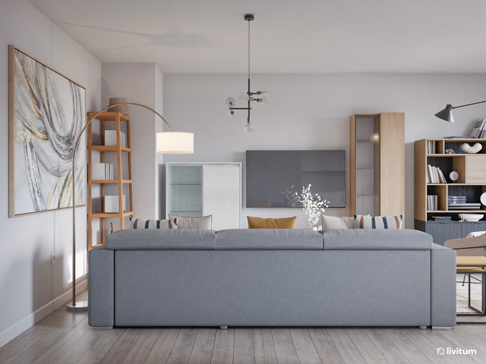 Salón moderno con cocina abierta y comedor pequeño