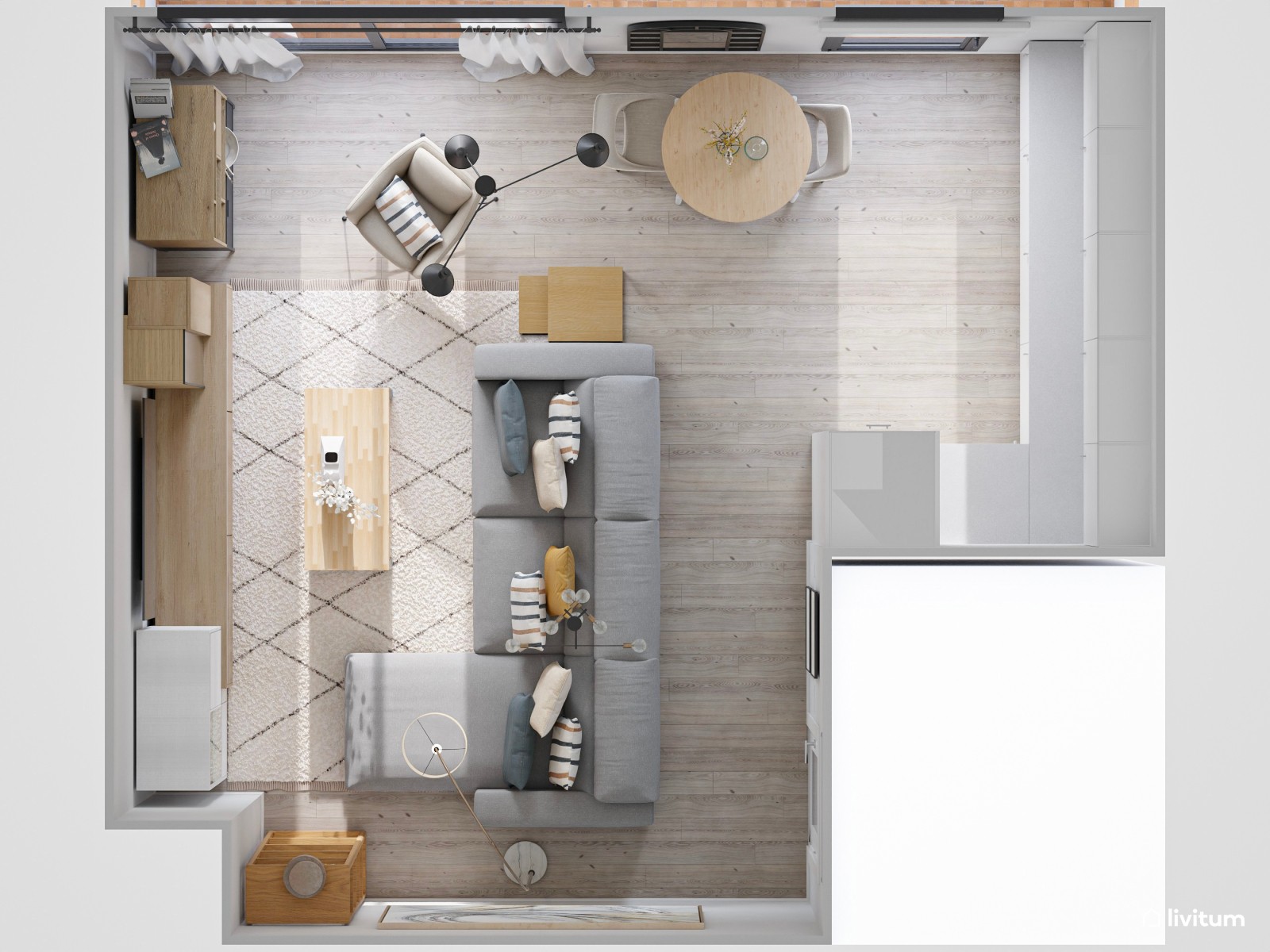 Salón moderno con cocina abierta y comedor pequeño