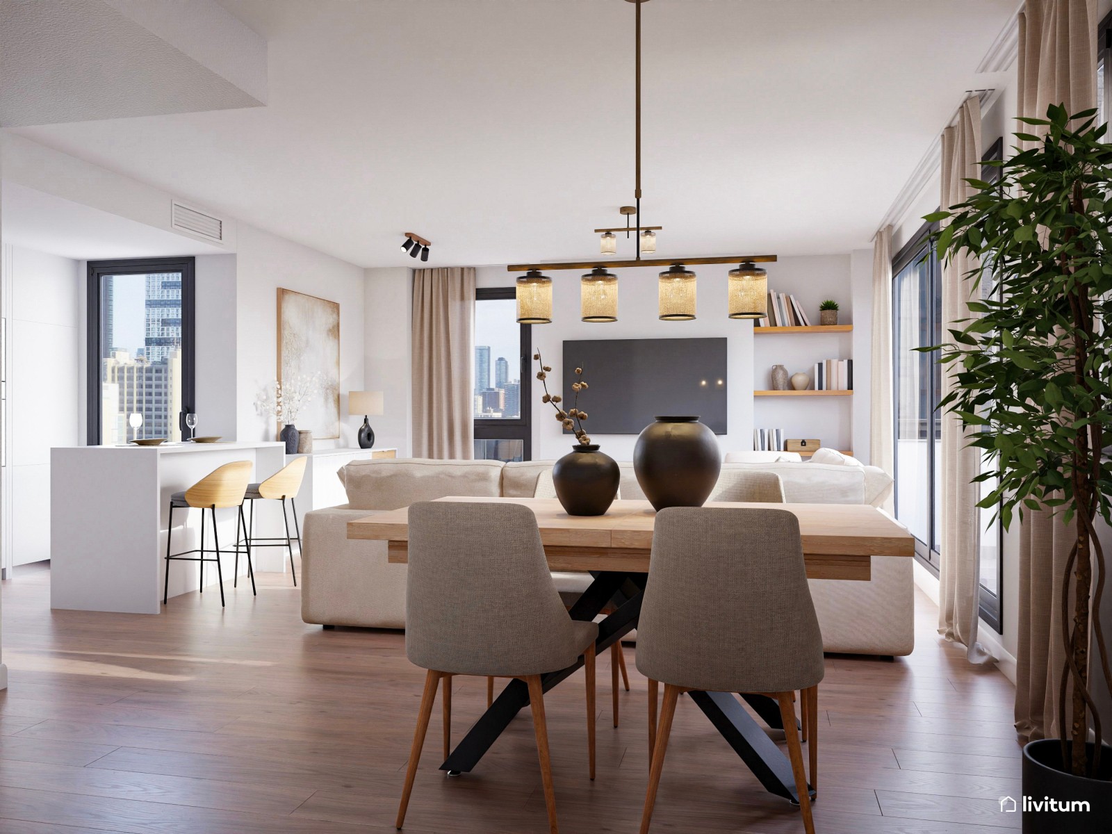 Salón moderno con cocina abierta y toques boho