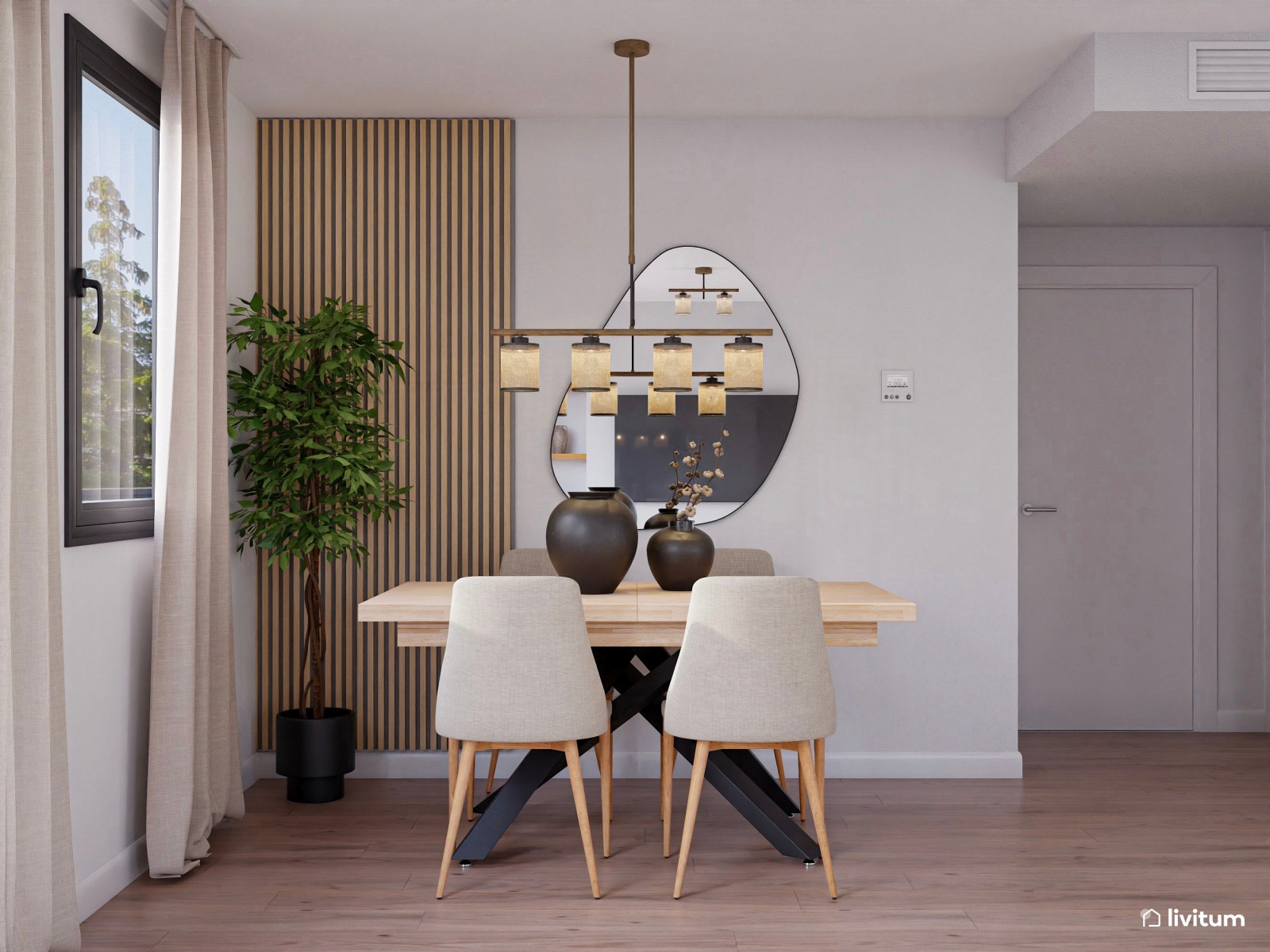 Salón moderno con cocina abierta y toques boho