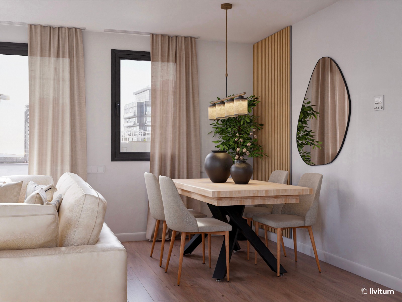 Salón moderno con cocina abierta y toques boho