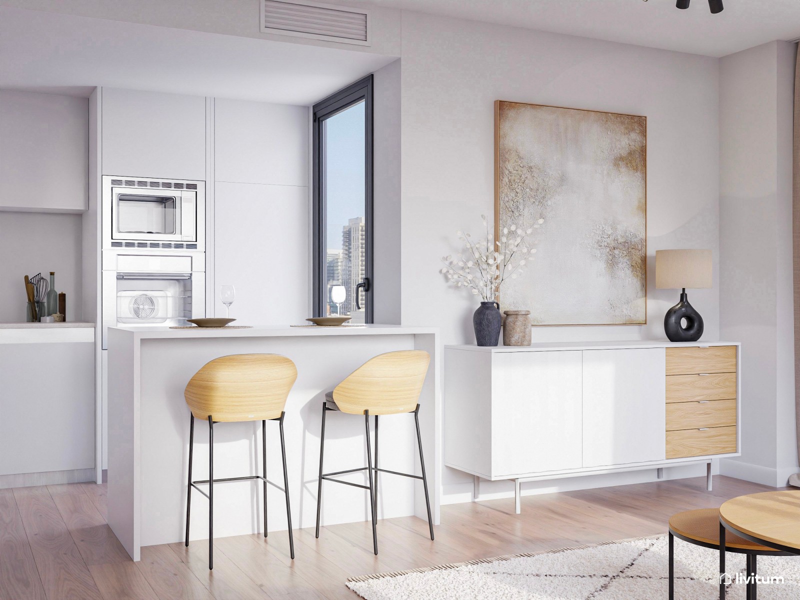 Salón moderno con cocina abierta y toques boho