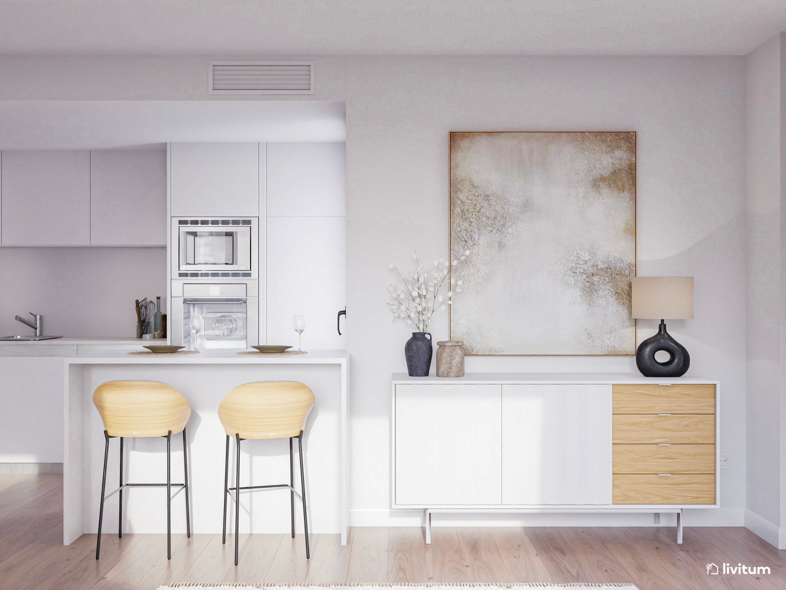 Salón moderno con cocina abierta y toques boho