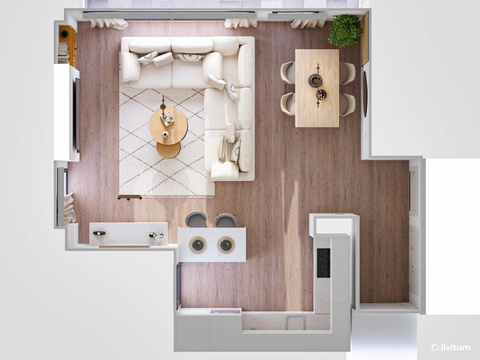 Salón moderno con cocina abierta y toques boho