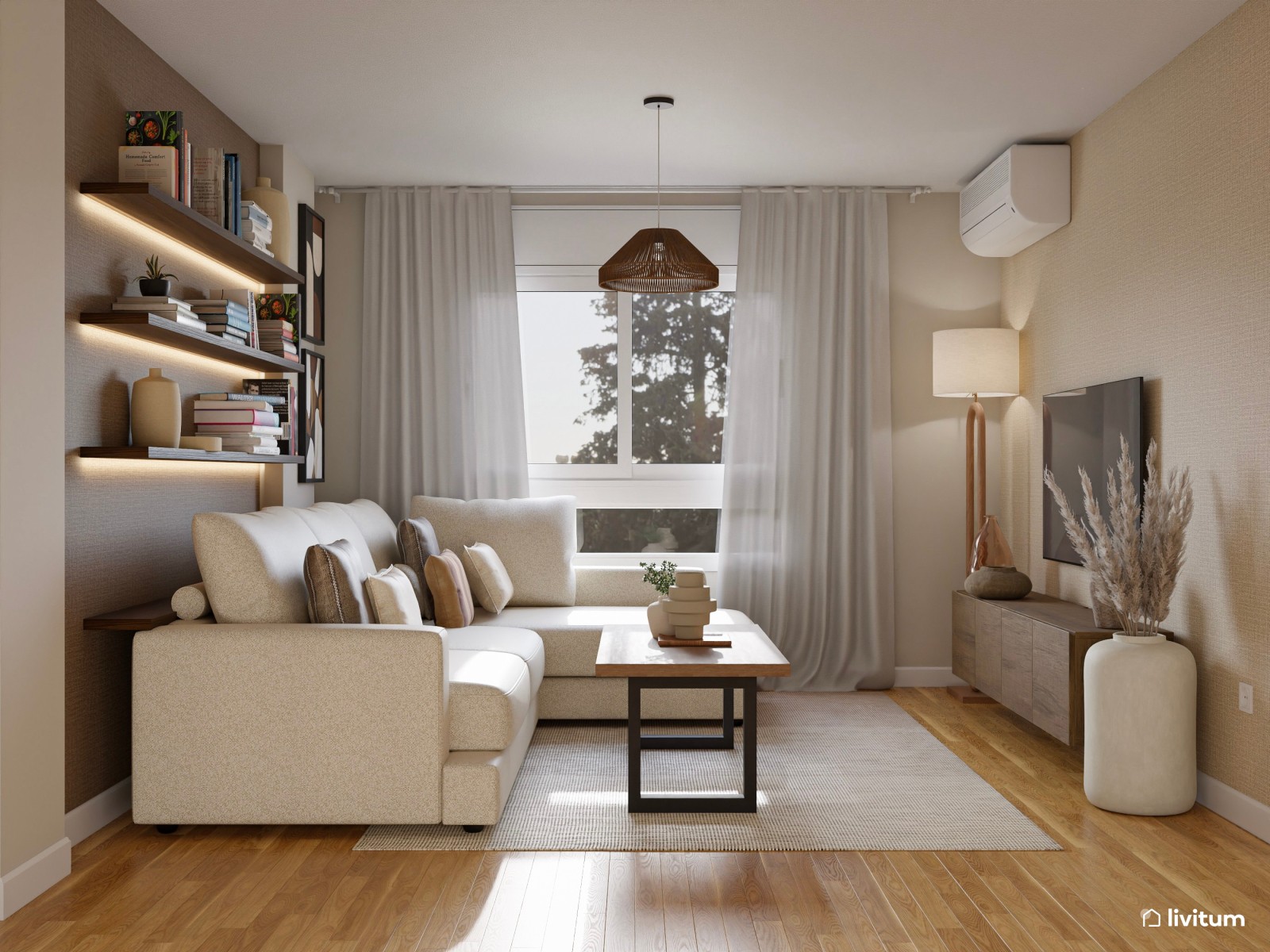 Salón moderno con decoración de madera y piezas singulares