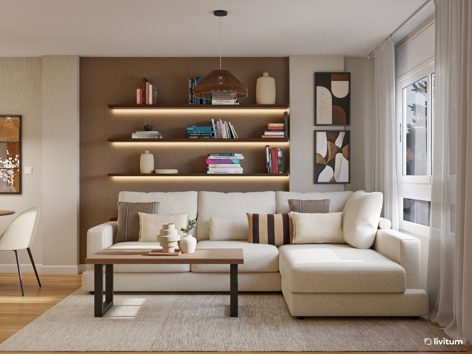 Salón moderno con decoración de madera y piezas singulares