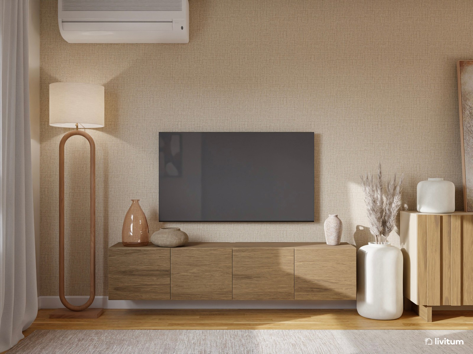 Salón moderno con decoración de madera y piezas singulares