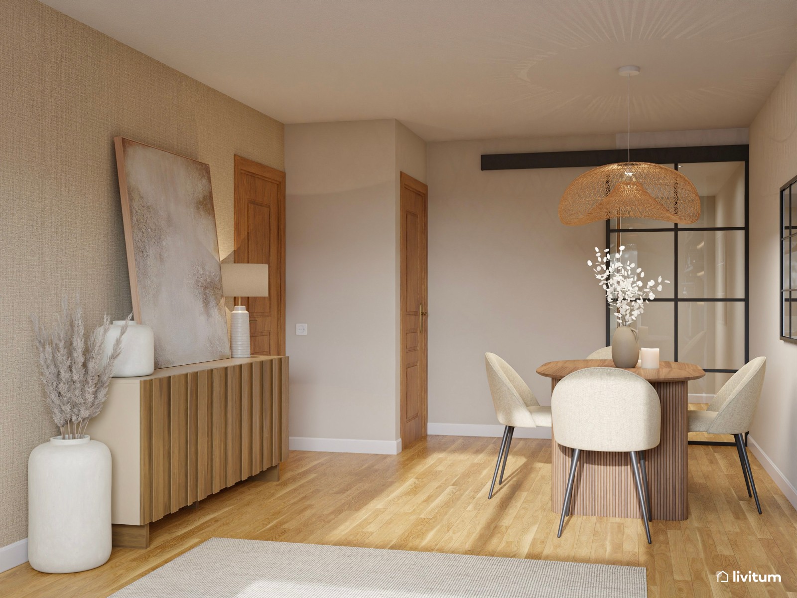 Salón moderno con decoración de madera y piezas singulares