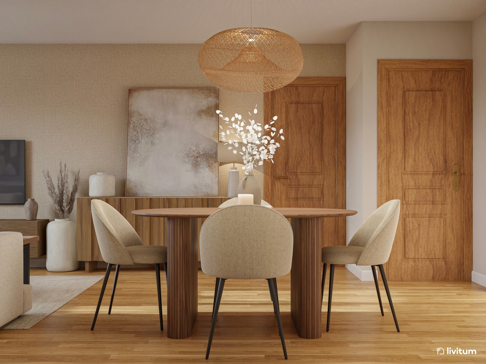 Salón moderno con decoración de madera y piezas singulares