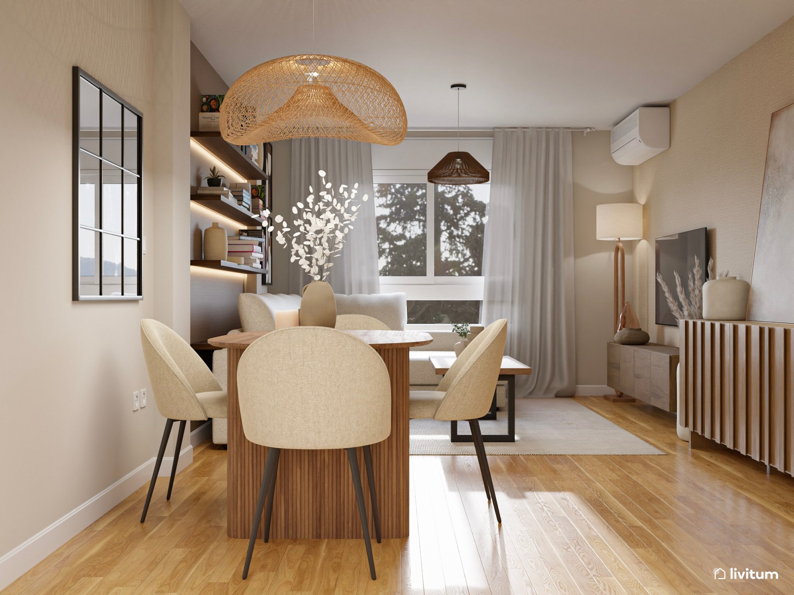 Salón moderno con decoración de madera y piezas singulares