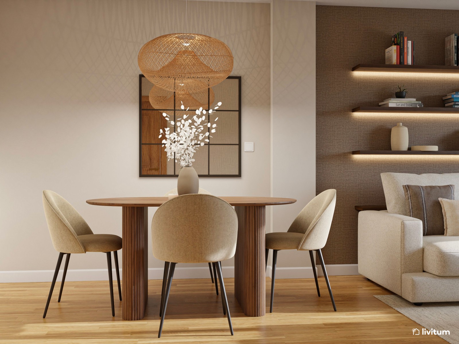 Salón moderno con decoración de madera y piezas singulares