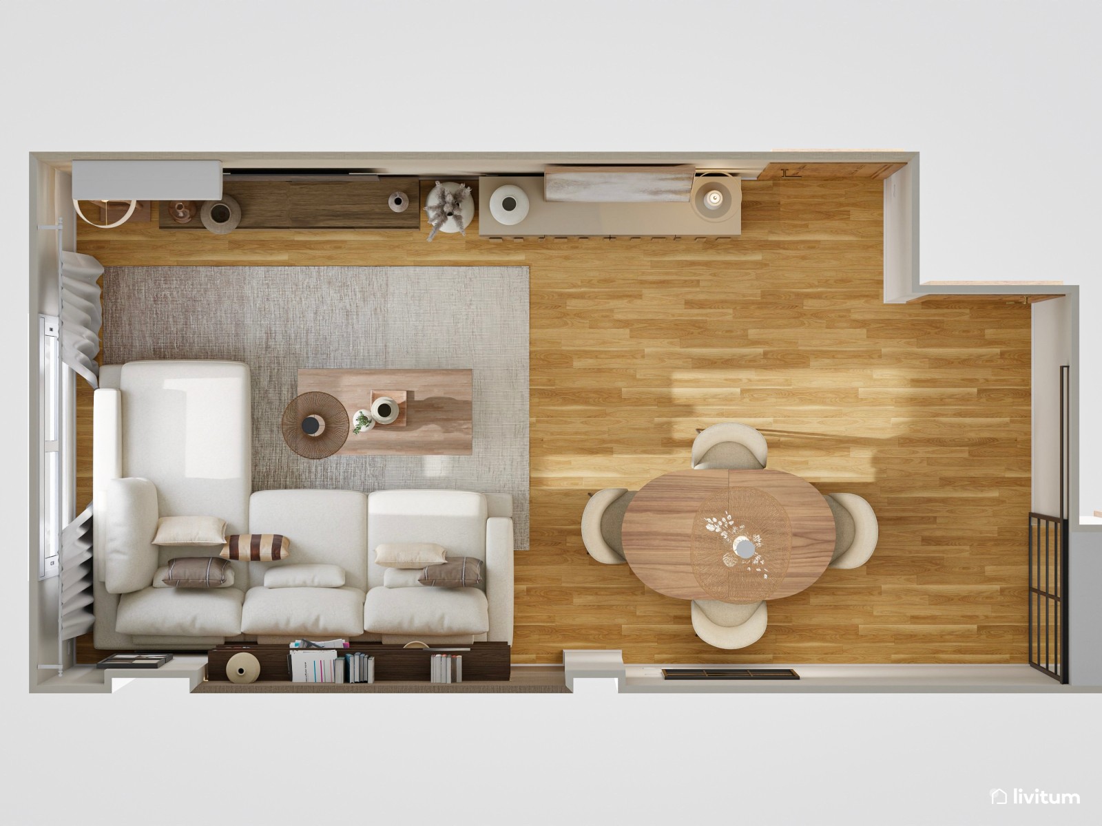 Salón moderno con decoración de madera y piezas singulares