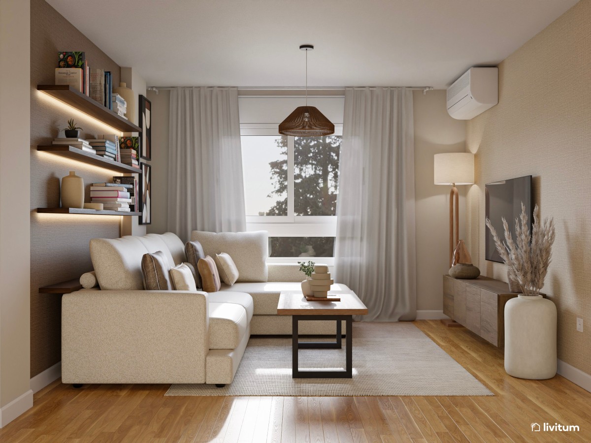 Salón moderno con decoración de madera y piezas singulares
