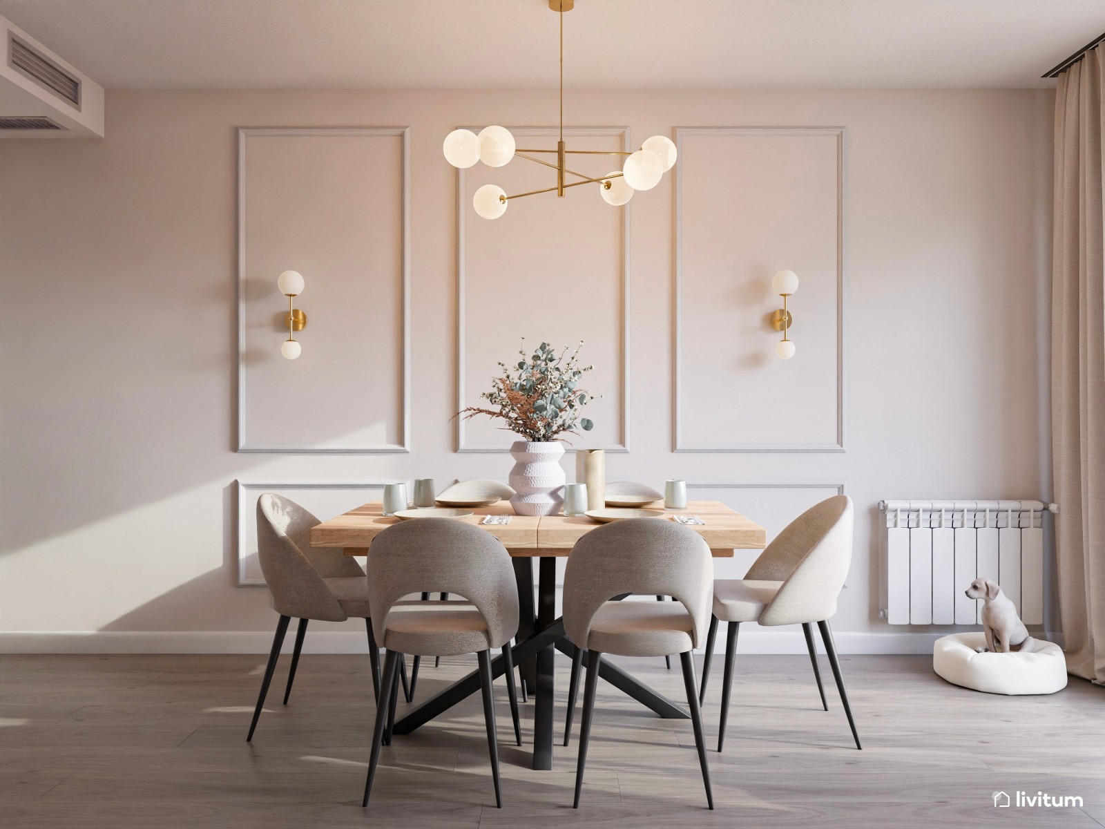 Salón moderno con detalles clásicos, toques de verde y panel acústico