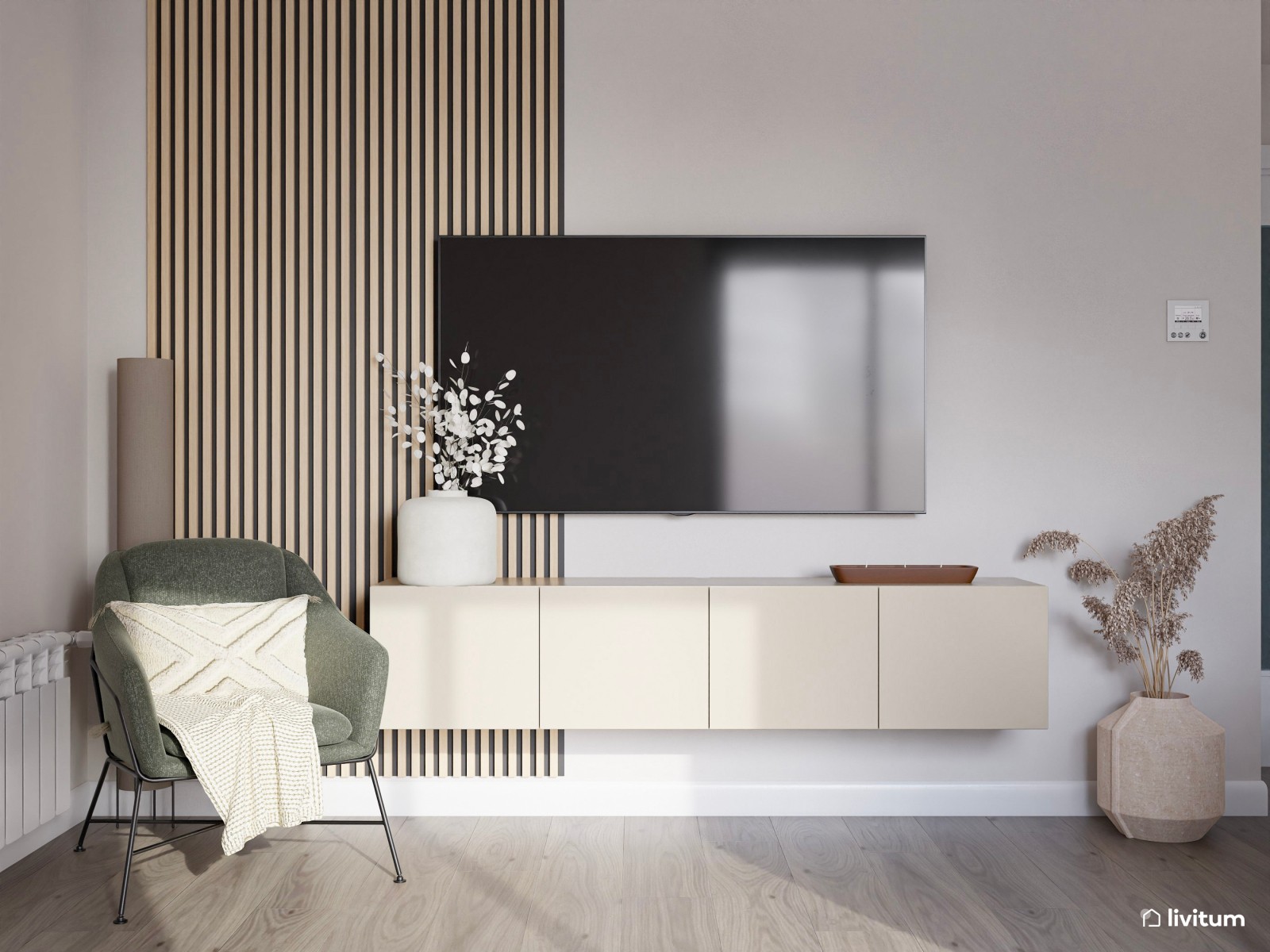 Salón moderno con detalles clásicos, toques de verde y panel acústico