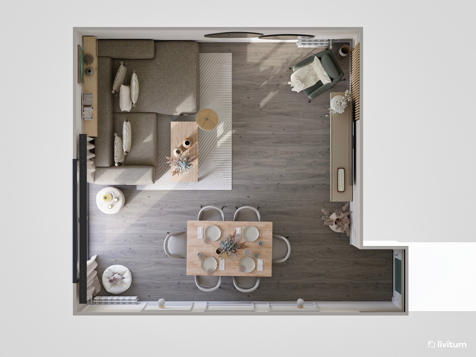 Salón moderno con detalles clásicos, toques de verde y panel acústico