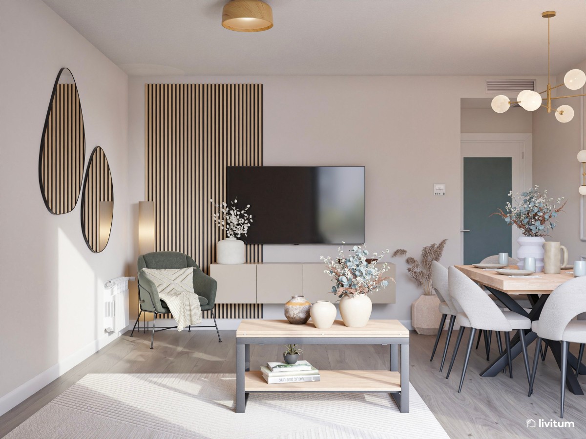 Salón moderno con detalles clásicos, toques de verde y panel acústico