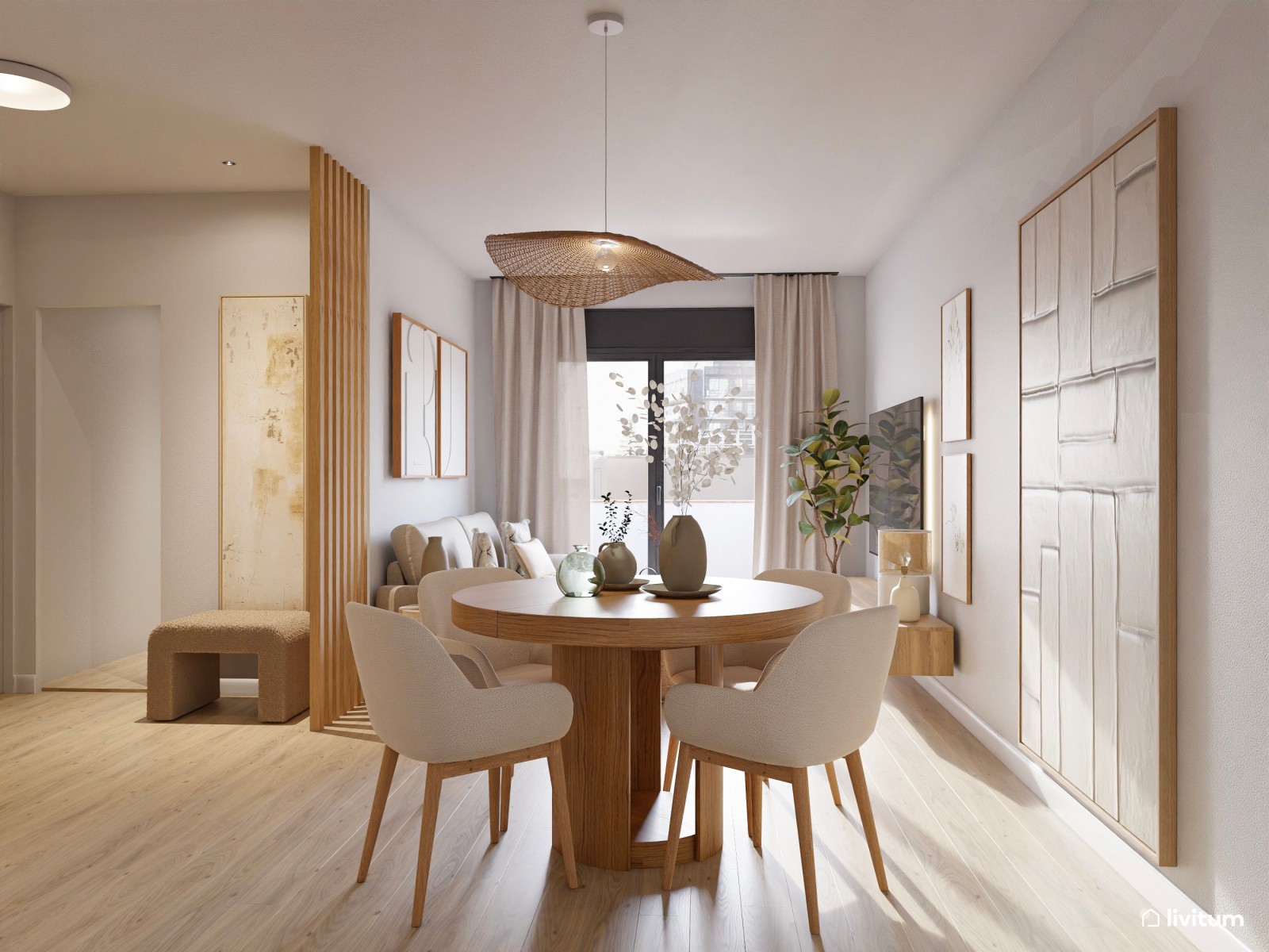 Salón moderno con detalles clásicos y aparador terracota