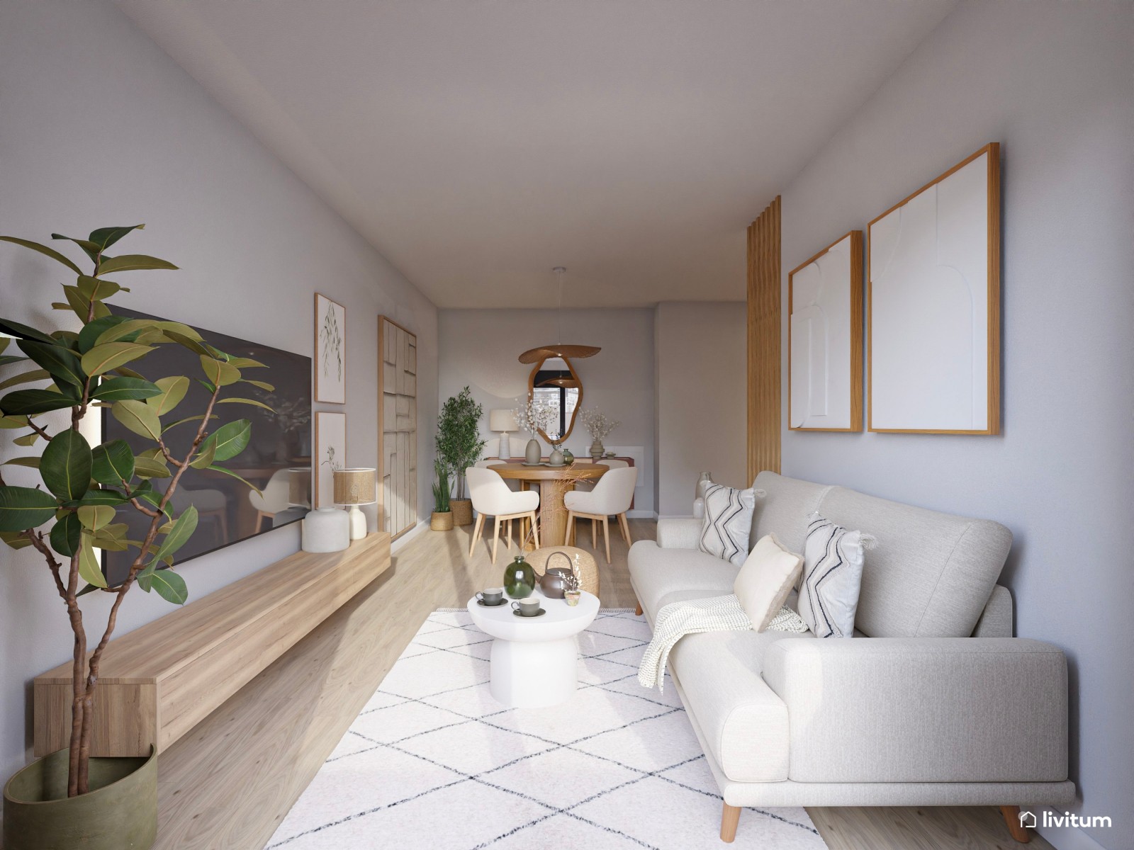 Salón moderno con detalles clásicos y aparador terracota